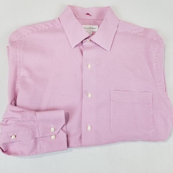 Tommy Bahama Shirt Mens Large 16 34/35 Pink Houndstooth Long Sleeve ST310692 - Picture 3 of 11